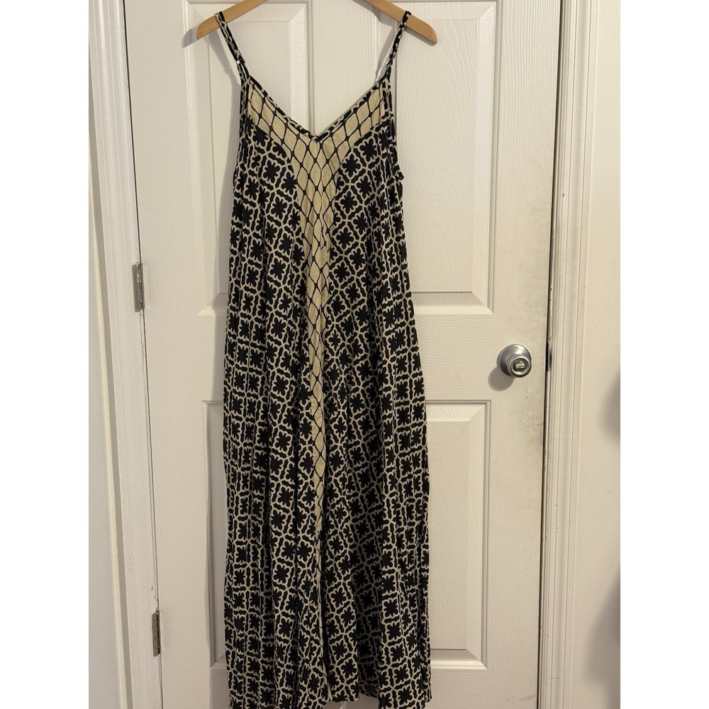Haute Hippie Boho Black Beige Geometric  100% Cotton Maxi Dress pockets Size M